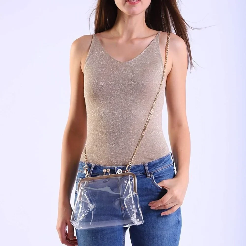 Clear PVC Clutch Bag Womens Crossbody Stadium Approved Chain Gold